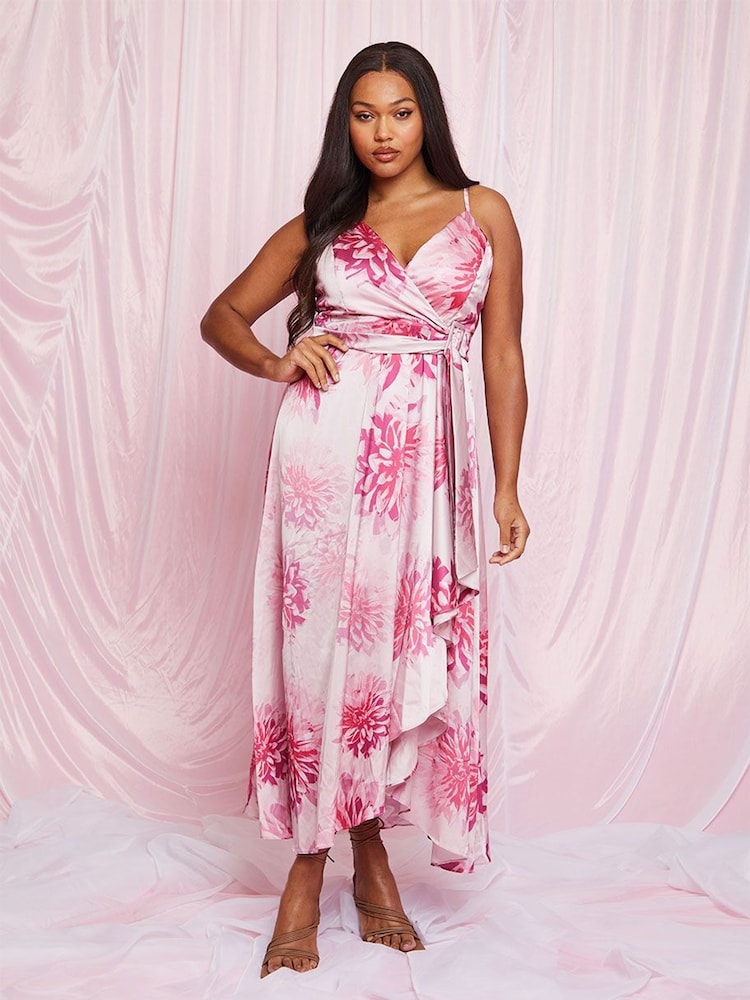 Chi Chi London Pink Cami Floral Print Wrap Midi Dress - Image 1 of 3