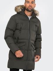Threadbare Khaki Green Showerproof Longline Padded Parka Coat - Image 1 of 4