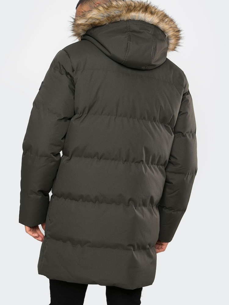 Threadbare Khaki Green Showerproof Longline Padded Parka Coat - Image 2 of 4