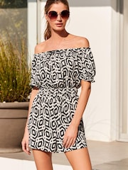 Schwarz/Weiß, Geoprint - Bardot-Overall mit Puffärmeln - Bild 1 von 4
