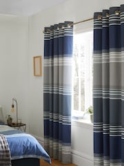 Blue Stripe Blackout Thermal Eyelet Curtains - Image 2 of 6