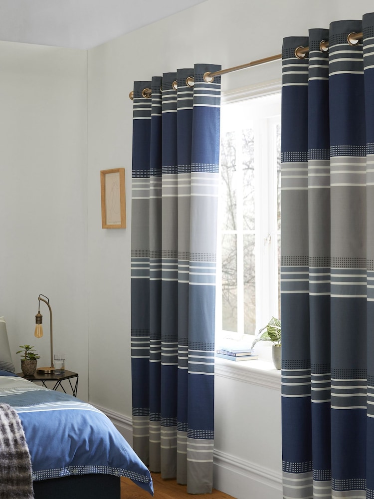 Blue Stripe Blackout Thermal Eyelet Curtains - Image 2 of 6 Blue Stripe Blackout Thermal Eyelet Curtains - Image 2 of 6
