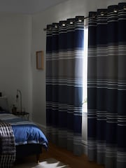 Blue Stripe Blackout Thermal Eyelet Curtains - Image 3 of 6