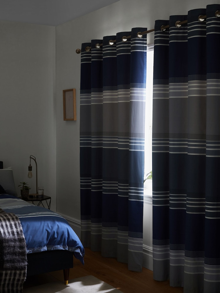 Blue Stripe Blackout Thermal Eyelet Curtains - Image 3 of 6