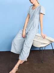 Blue Ditsy Floral Print TENCEL™ Tie Back Cropped Jumpsuit - Image 1 of 5