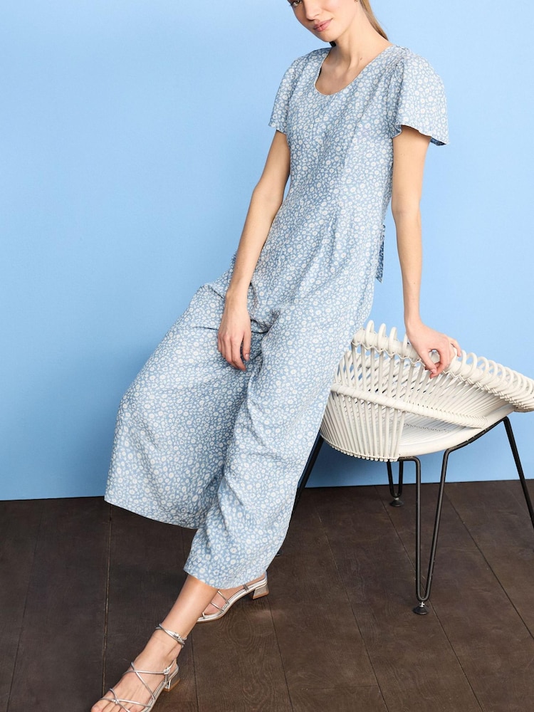 Blue Ditsy Floral Print TENCEL™ Tie Back Cropped Jumpsuit - Image 1 of 5
