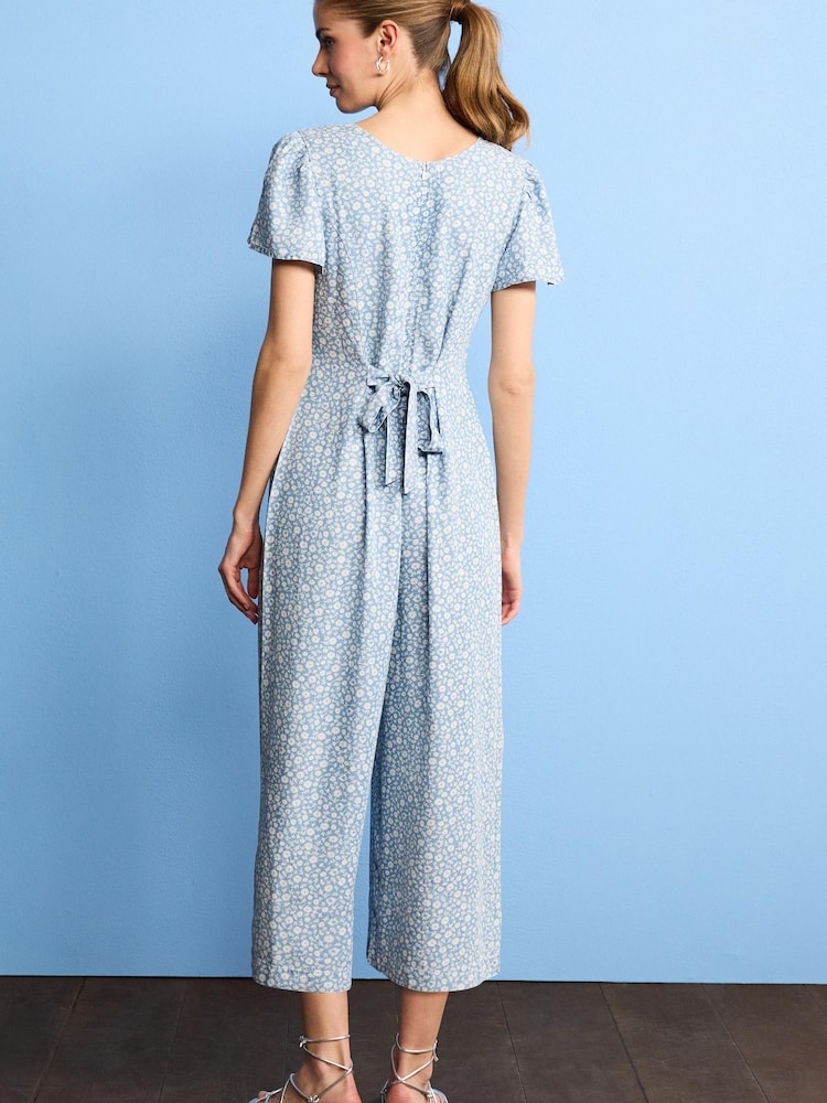 Blue Ditsy Floral Print TENCEL™ Tie Back Cropped Jumpsuit - Image 2 of 5
