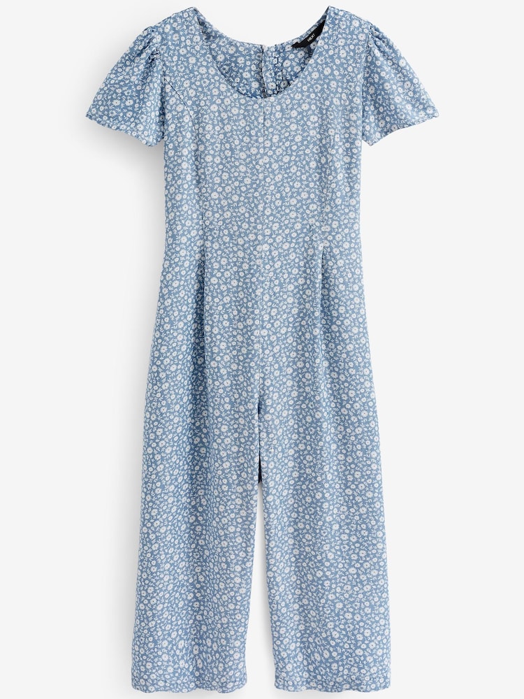 Blue Ditsy Floral Print TENCEL™ Tie Back Cropped Jumpsuit - Image 5 of 5