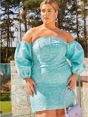 Chi Chi London Blue Plus Size Long Sleeve Off Shoulder Mini Dress - Image 4 of 5