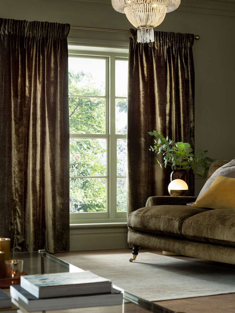 Olive Green Collection Luxe Heavyweight Lined Plush Velvet Pencil Pleat Curtains - Image 1 of 5