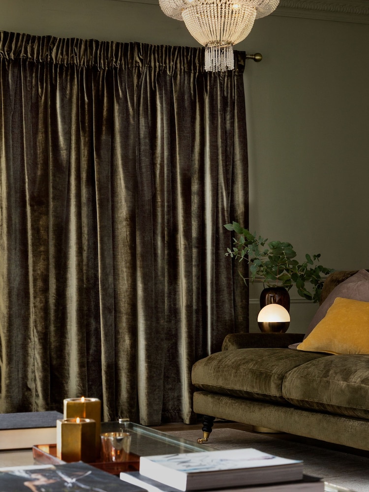 Olive Green Collection Luxe Heavyweight Lined Plush Velvet Pencil Pleat Curtains - Image 2 of 5