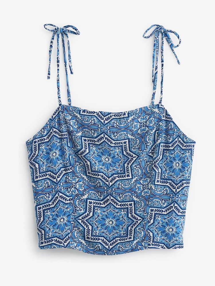 Blue and White Tile Print Tie Shoulder Cami Top - Image 1 of 1