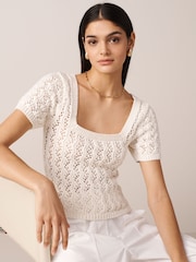 Ecru Cream Square Neck Stitch Detail Short Sleeve Knitted Top - Image 1 of 6