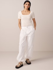 Ecru Cream Square Neck Stitch Detail Short Sleeve Knitted Top - Image 2 of 6
