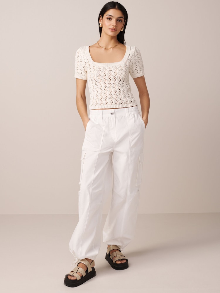 Ecru Cream Square Neck Stitch Detail Short Sleeve Knitted Top - Image 2 of 6
