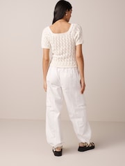 Ecru Cream Square Neck Stitch Detail Short Sleeve Knitted Top - Image 3 of 6