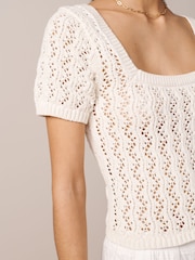 Ecru Cream Square Neck Stitch Detail Short Sleeve Knitted Top - Image 4 of 6