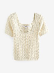 Ecru Cream Square Neck Stitch Detail Short Sleeve Knitted Top - Image 5 of 6