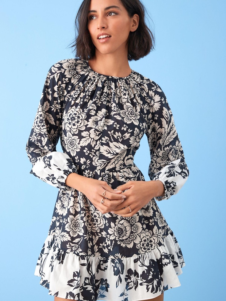 Black/White Floral Long Sleeve 100% Cotton Summer Mini Dress - Image 1 of 4