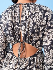 Black/White Floral Long Sleeve 100% Cotton Summer Mini Dress - Image 3 of 4