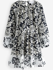 Black/White Floral Long Sleeve 100% Cotton Summer Mini Dress - Image 4 of 4