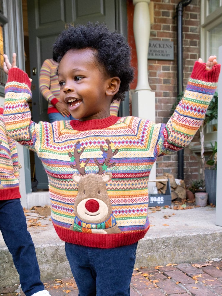 JoJo Maman Bébé Multi Reindeer Appliqué Fairisle Pattern Jumper - Image 1 of 4