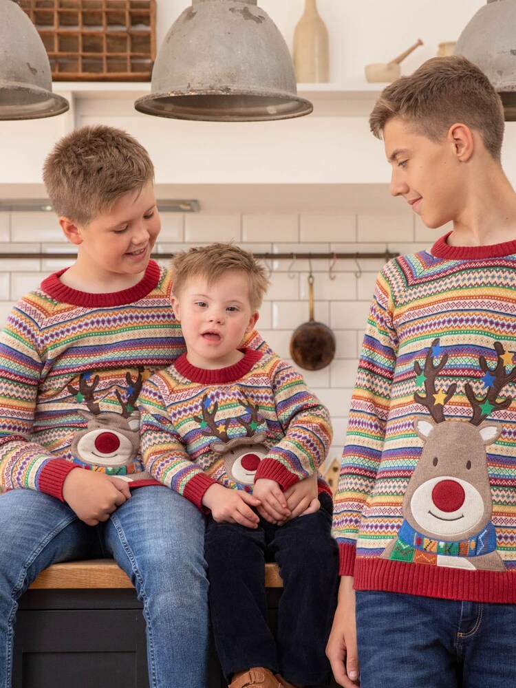JoJo Maman Bébé Multi Reindeer Appliqué Fairisle Pattern Jumper - Image 3 of 6