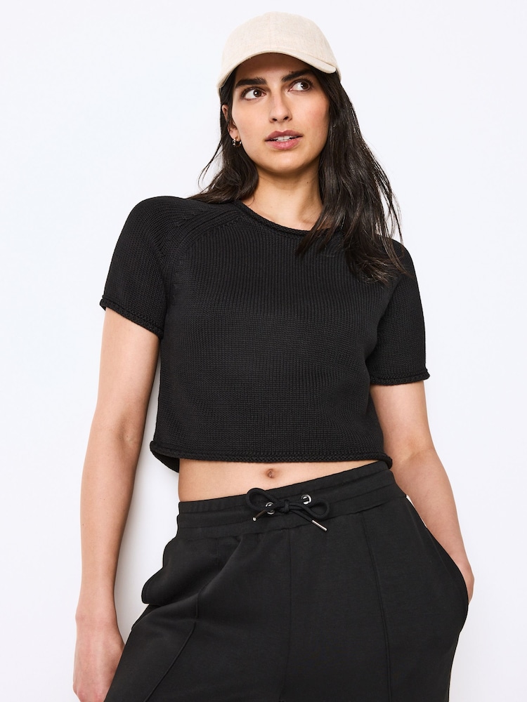 Black 100% Cotton Roll Edge Knitted T-Shirt - Image 1 of 6 Black 100% Cotton Roll Edge Knitted T-Shirt - Image 1 of 6