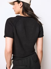 Black 100% Cotton Roll Edge Knitted T-Shirt - Image 3 of 6