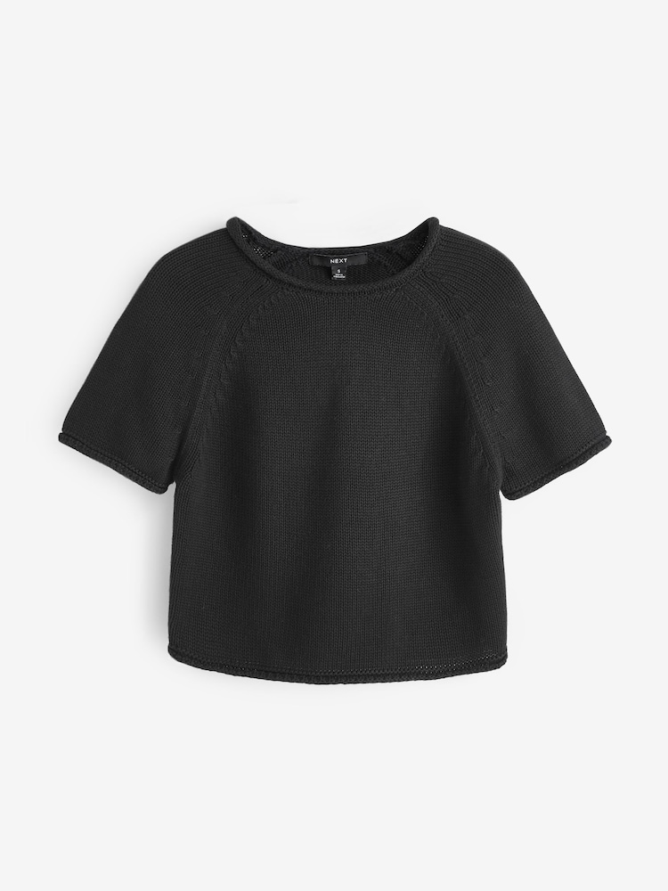 Black 100% Cotton Roll Edge Knitted T-Shirt - Image 6 of 6 Black 100% Cotton Roll Edge Knitted T-Shirt - Image 6 of 6
