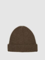 Reiss Taupe Clyde Ribbed Cashmere Beanie Hat - Image 1 of 4