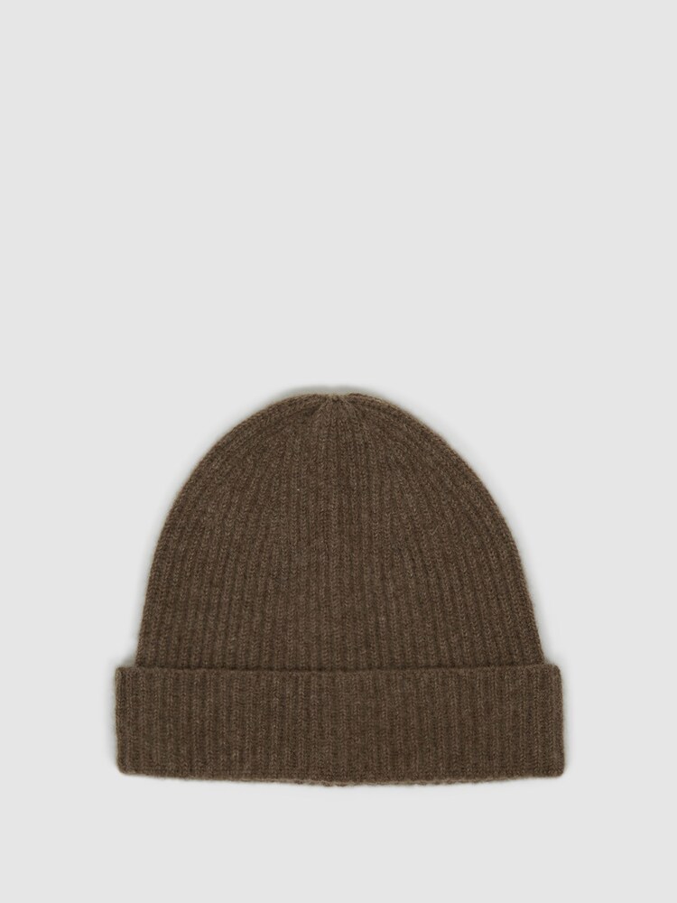 Reiss Taupe Clyde Ribbed Cashmere Beanie Hat - Image 1 of 4