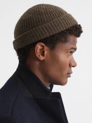 Reiss Taupe Clyde Ribbed Cashmere Beanie Hat - Image 3 of 4