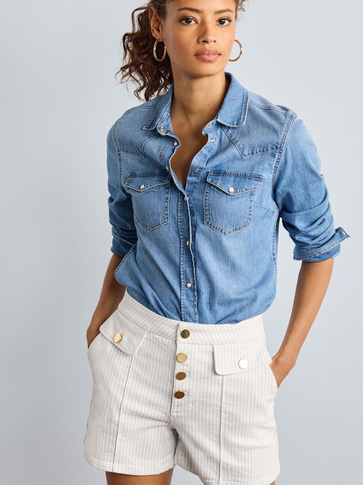 White Stripe Gold Button Detail Denim Shorts - Image 1 of 6