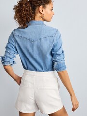 White Stripe Gold Button Detail Denim Shorts - Image 3 of 6