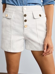 White Stripe Gold Button Detail Denim Shorts - Image 4 of 6