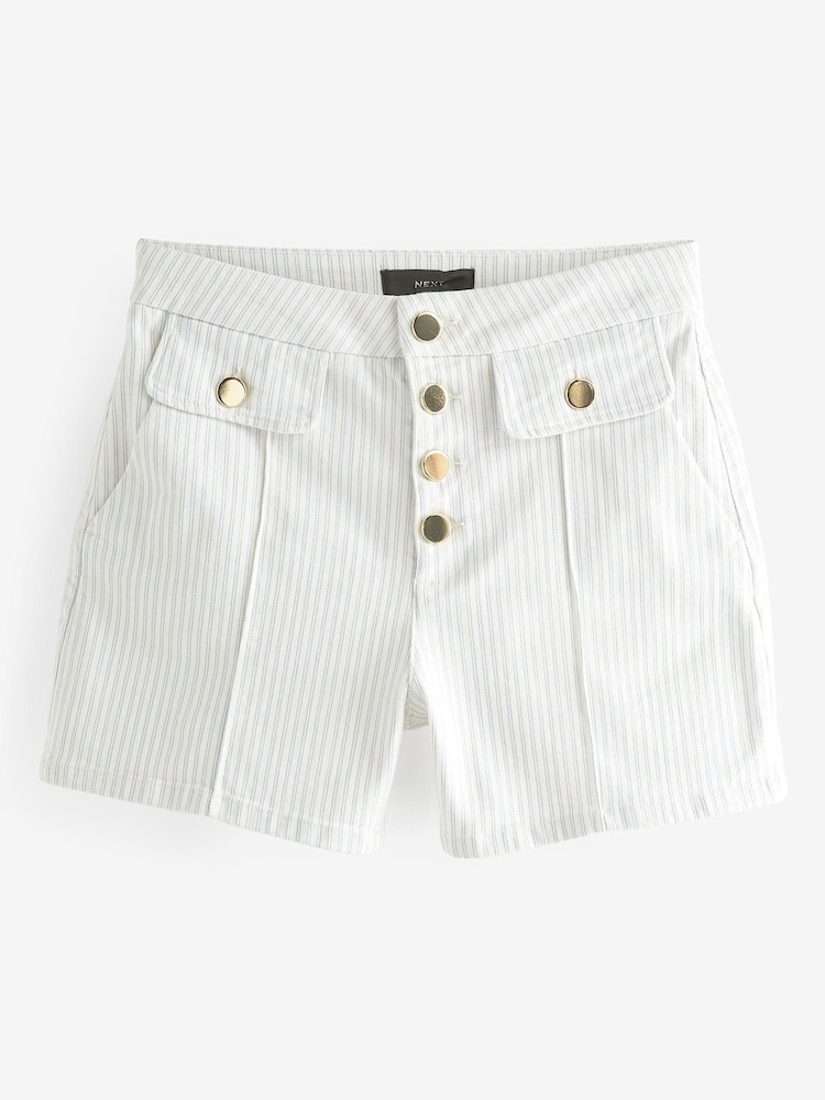 White Stripe Gold Button Detail Denim Shorts - Image 6 of 6