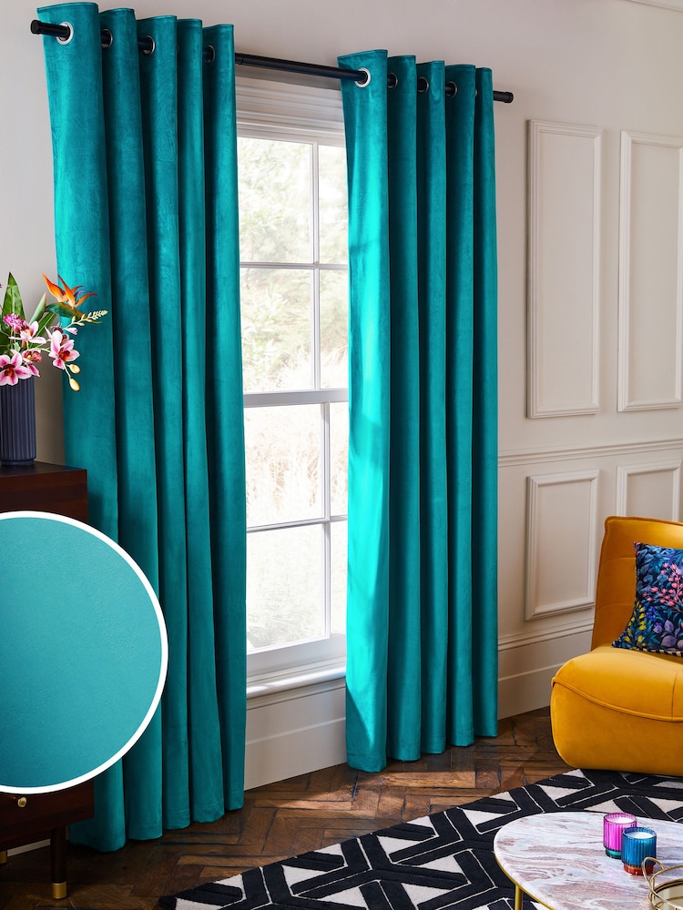 Blue Teal Matte Velvet Blackout/Thermal Eyelet Curtains - Image 1 of 7