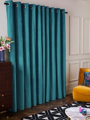 Blue Teal Matte Velvet Blackout/Thermal Eyelet Curtains - Image 2 of 7