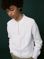 White Textured Knit Zip Neck Long Sleeve Polo Shirt (3-16yrs) - Image 1 of 3