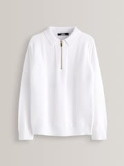White Textured Knit Zip Neck Long Sleeve Polo Shirt (3-16yrs) - Image 2 of 3