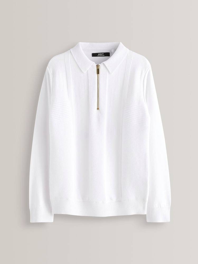 White Textured Knit Zip Neck Long Sleeve Polo Shirt (3-16yrs) - Image 2 of 3