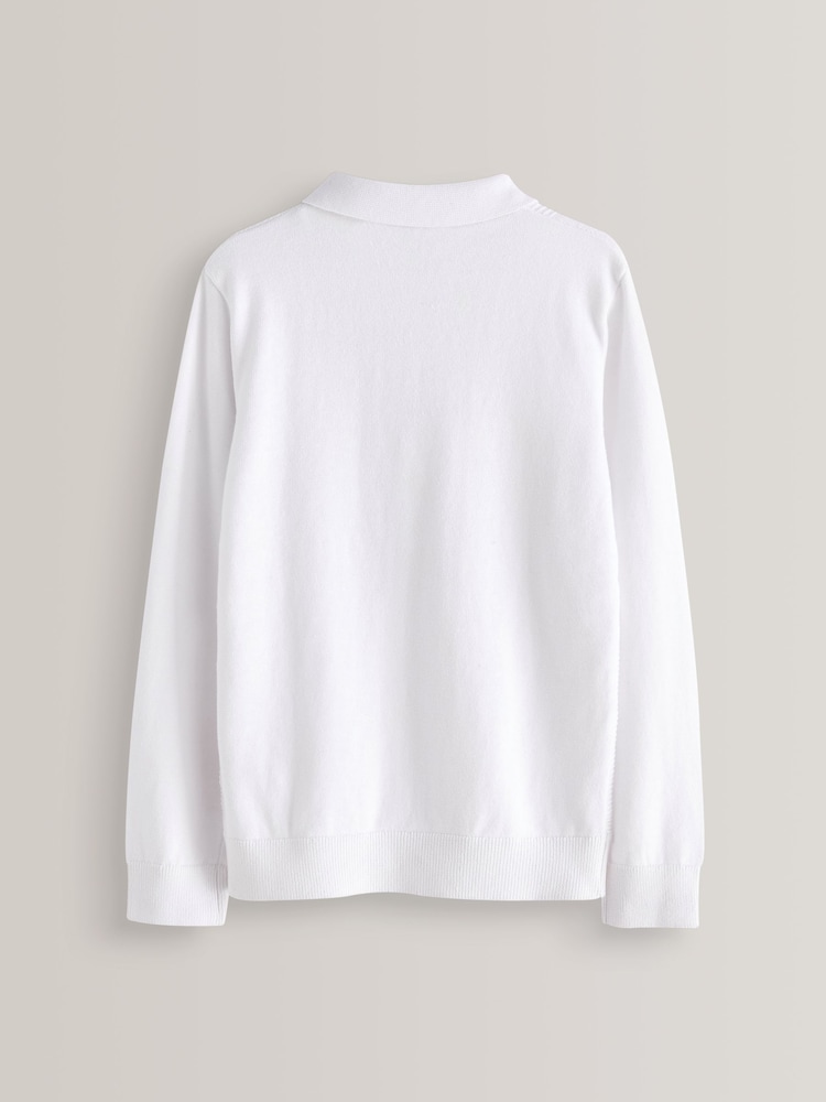 White Textured Knit Zip Neck Long Sleeve Polo Shirt (3-16yrs) - Image 3 of 3 White Textured Knit Zip Neck Long Sleeve Polo Shirt (3-16yrs) - Image 3 of 3
