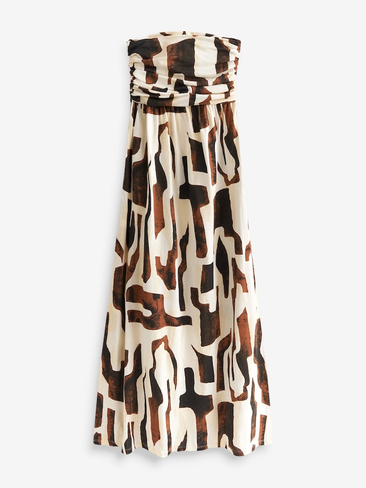 Brown Tribal Print 100% Cotton Bandeau Maxi Dress - Image 1 of 5