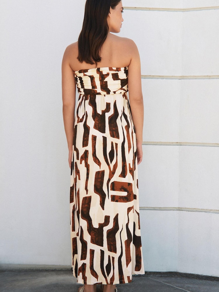 Brown Tribal Print 100% Cotton Bandeau Maxi Dress - Image 3 of 5