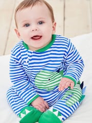 JoJo Maman Bébé Blue Dinosaur Appliqué Zip Cotton Baby Sleepsuit - Image 1 of 2