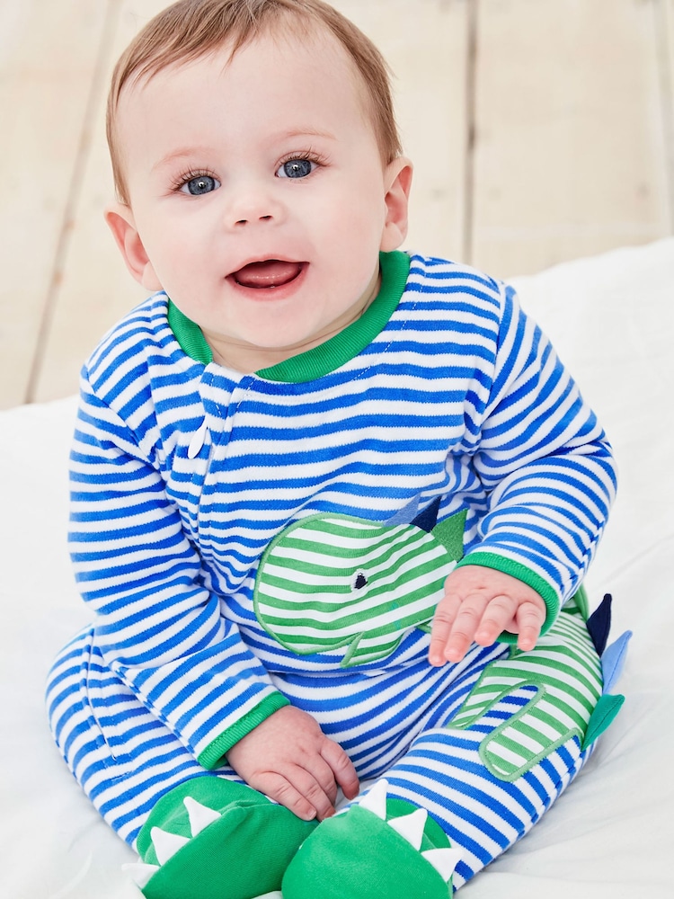 JoJo Maman Bébé Blue Dinosaur Appliqué Zip Cotton Baby Sleepsuit - Image 1 of 2