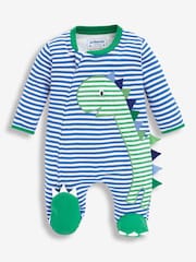 JoJo Maman Bébé Blue Dinosaur Appliqué Zip Cotton Baby Sleepsuit - Image 2 of 2