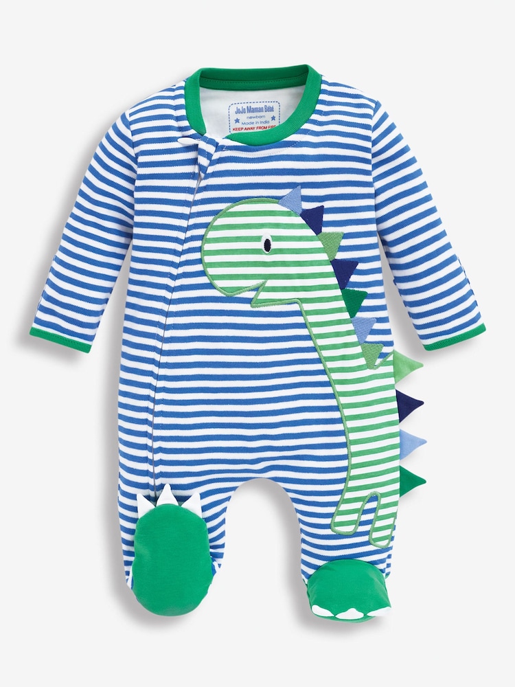 JoJo Maman Bébé Blue Dinosaur Appliqué Zip Cotton Baby Sleepsuit - Image 2 of 2