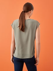 Khaki Green V-Neck Chiffon Layer Sleeveless Vest - Image 2 of 5